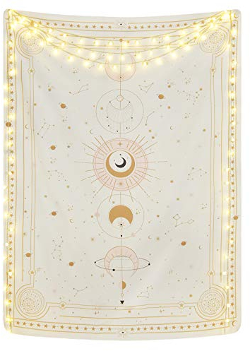 Yugarlibi Mondphasen Wandteppich Mysteriöser Konstellation Sternenhimmel Tarotkarten Wandbehang Ästhetische Retro Astrologie Wandkunst für Schlafzimmer Wohnzimmer Beige 210x150cm