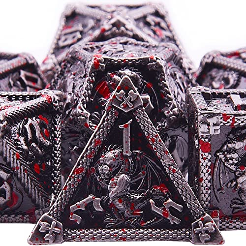 SIQUK 7-teilige Metallwürfel für polyedrische DND-Würfel mit Box D20, D12, D10, D%, D8, D6, D4, Würfelset für Dungeons and Dragons, Rollenspiel, RPG, MTG, Brettspiele (antikes Eisen mit Blutspritzer)