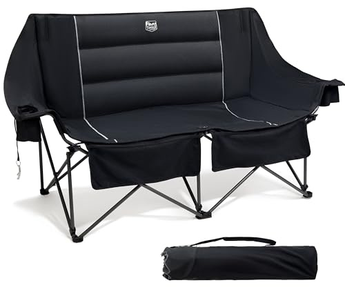 TIMBER RIDGE Double Camping Chair for Adults, Folding Padded 320kg Camping Sofa 2 Seater with Cup Holder & Bottle Opener, Heavy Duty Oversized Outdoor Love Seat Camp Couch for Garden Picnic, Black