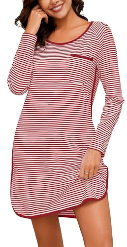 Namatime Camisones de algodón para Mujer, Vestido de casa a Rayas Suaves, Camisas de Dormir de Manga Larga, Ropa de Dormir de otoño, Pijama, Vestido de Noche, Rojo -, M