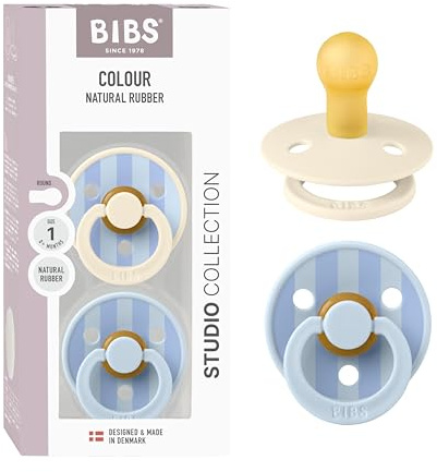 BIBS Pacifiers - Colour Studio 2 Pack | Round Nipple Baby Pacifier | BPA Free Natural Rubber Latex Soother | Made in Denmark | Size 0+ Months | Block Baby Blue Dusty Blue