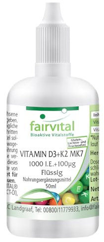Fairvital | VITAMIN D3+K2 Tropfen - 50ml - All-Trans MK7 - hoch bioverfügbares Vitamin D3 - qualitätsgeprüft und hochdosiert - 100% vegan - Made in Germany