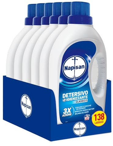 Napisan Detersivo Lavatrice Liquido Igienizzante Classico, 6 Confezioni da 1.15 l da 138 Lavaggi di Detersivo Lavatrice Liquido