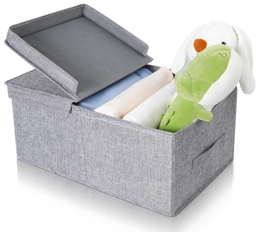 Cozary Aufbewahrungsbox mit Deckel – 30L Kiste mit Deckel - Aus Leinen Stoff - Verstärkt mit Holz - faltbar, ideal für Kleidung & Zubehör, hohe Qualität, vielseitig einsetzbar - Grau - 40x30x25cm
