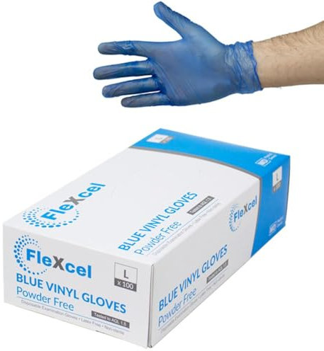 FleXcel Vinyl Gloves, Powder Free, Medical Grade, Food Safe, Latex Free, Box of 100 (Blue, Large)