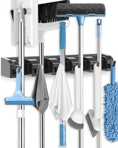 AceMining Porta Scope Parete, 5 Supporti e 6 Ganci Portascope da Muro, Portascopa in Plastica ABS, Nero Appendi Scope, Ganci per Scope Spesso e Durevole Salvaspazio (Nero, 1 PACK)