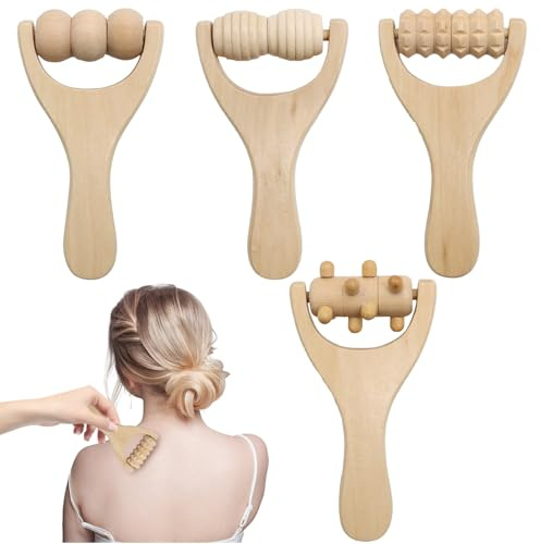 KASURE Wooden Massage Roller, 4 Pcs Manual Massage Tools, Back Massager Roller, Wooden Massager Roller for Abdomen, Neck, Hands and Legs, Relax Muscle