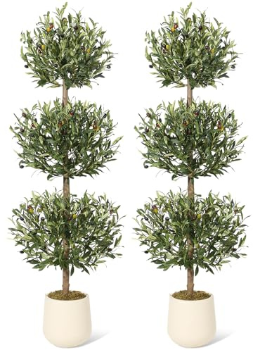 5 ft Artificial Olive Tree, Triple Ball Topiary Faux Plant with Moss & Pot, Outdoor Indoor Realistic Fake Shrubs Trees, Round Bushes Fake Shrubs Potted for Home Offices Porch Decor, Set of 2