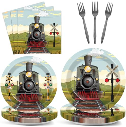 96 Pcs Train Paper Plates and Napkins Party Supplies Steam Train Birthday Disposable Tableware Set Retro Trains Transportation Party Decorations Favors for Baby Shower Dinnerware Favor Serves 24