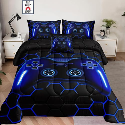 Tabeskly Boy Kids Hexagon Geometry Gaming Gamepad Gamer Bedding Double Duvet Cover Sets Bed Zipper Blue Black 200×200cm