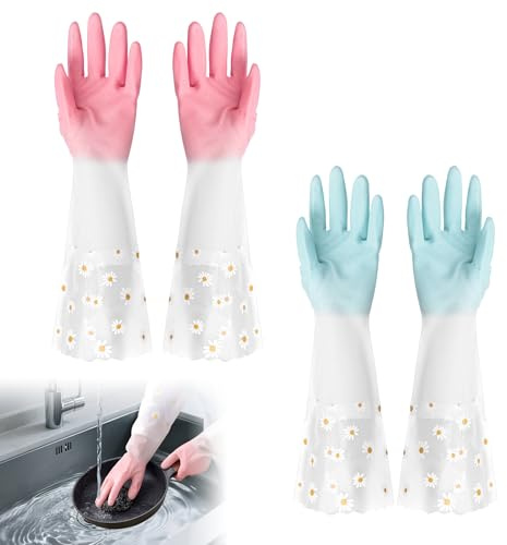 Bansusu 2 Pairs Washing Up Gloves Long Cuff and Non Flock Lining Marigold Glove Reusable Rubber Gloves Non-Slip for Washing Dishes for Kitchen Bathroom Gardening