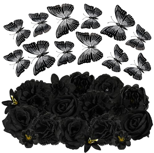 MWOOT 28 Pieces Fleurs Artificielles Papillons 3D, Têtes de Fleurs Rose Œillet Artificielles Noir, Petite Fausse Fleur Deco pour DIY Gâteau Bouquet Couronne Mariage Fête Maison Artisanat