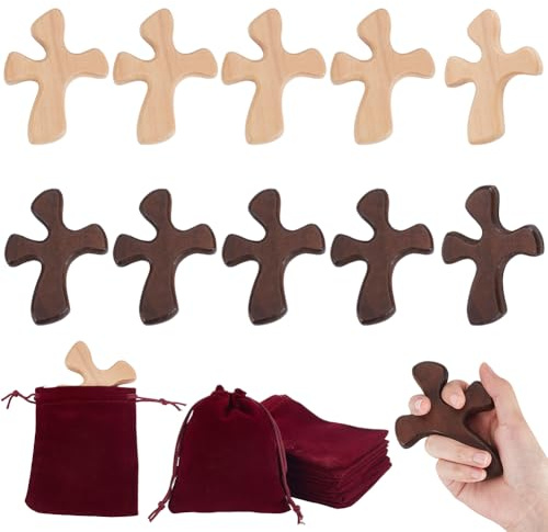 AHANDMAKER 10 Stück 2 Farben Holz Handkreuz 4.3 Zoll Kleines Haltendes Gebetskreuz Christliches Taschenkreuz Tragbares Achtsamkeitsgeschenk Zum Beten Und Meditieren