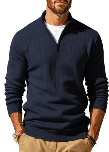 JFAN Hombre Jersey de Punto Cuello Alto con Cremallera Pullover Manga Larga Sueter Cuello Alto Plain Knitted Cálido Invierno