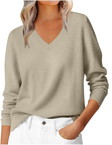 Cashmere Jumpers for Women V Neck Sweater Ladies Casual Lightweight Plain Pullover Long Sleeve Tops Dressy Fine Knit Jumpers for Women Fall Winter Tunic Blouse T-Shirt for Work Office Khaki