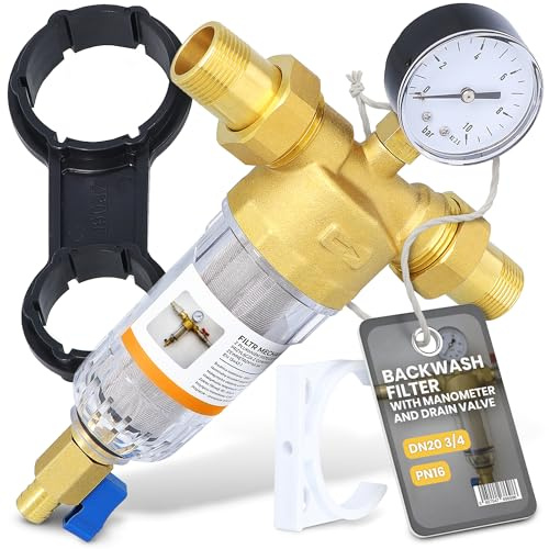 Instalguru Filtro De Retrolavado Filtro Agua 3/4” DN20 Manómetro Filtración Fina Válvula De Drenaje Sedimento Reutilizable Agua De Pozo Residencial