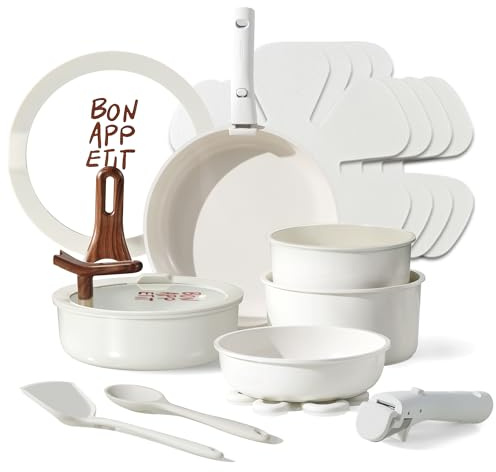 CAROTE 18Pcs Ceramic Cookware Set with Detachable Handle, Pots and Pans Set Non Stick, Non Toxic Kitchen Cooking Sets with Stand-Up Lid, PFAS and PFOA Free, Oven Safe, Induction Ready, Cream White