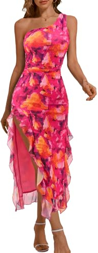 DRESSTELLS Summer Wedding Guest Dress for Women UK Floral Long Formal Cocktail Party Evening Gown Prom One Shoulder Ruffle Mesh Slit Midi Red Orange Flower M