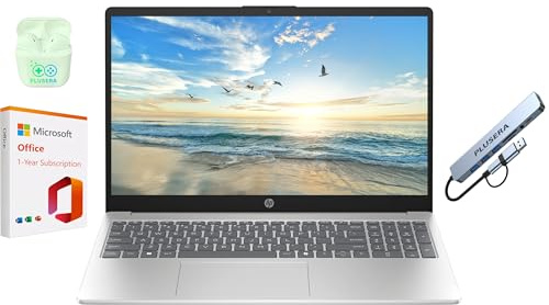 HP 15.6 Business Laptop with 1-Year Microsoft Office 365 with AI Copilot, 16GB RAM 128GB SSD, Quad-Cores Intel Processor, Windows 11, PLUSERA Earphones & 8-in-1 Hub Included