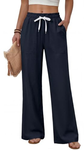 Fashora Pantalon Femme Été Fluide Pantalons Taille Haute Elastique Pantalons Décontractés Ample Droites Longueur Palazzo Pants Léger Chic et Elegant avec Cordon Poches (Bleu Marine, L)