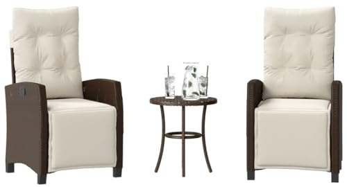 Ordellia Ensemble bistro 3 pièces avec coussins, en polyrotin marron, fauteuil de relaxation réglable, table de jardin, terrasse, balcon, jardin