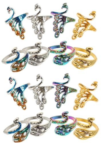 Amosfun 16 Anillos de Tejer Ajustables para Dedos Abiertos Diseño de Pavo Real, Herramienta de Bobinado Ligera y Compacta para Crochet y Costura, Accesorios Creativos para Manualidades