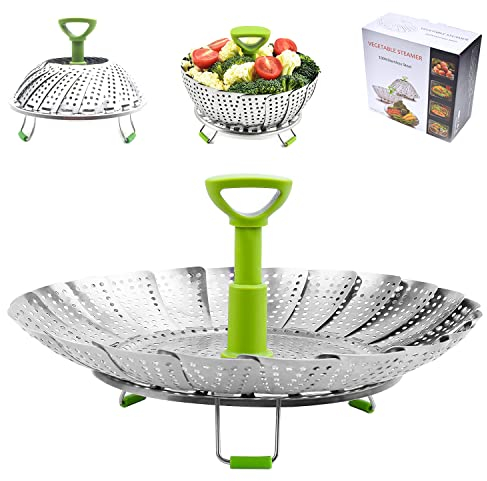 BangShou Cesta Vaporera Plegable de Acero Inoxidable 9'' Steamer Cesta Plegable Vaporera con Asa Extraíble para Verduras y Frutas, Cesta Plegable, Inoxidable, Apto para Lavavajillas, Comida para Bebés