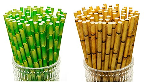 YEHAM 100 Pc 2 Colors Biodegradable Bamboo Print Paper Drinking Straws for Juices Shakes Birthday Wedding Party Supplies