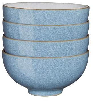 Denby - Elements Blue Rice Bowls Set of 4 - Dishwasher Microwave Safe Crockery 480ml 13cm - Blue, White Ceramic Stoneware Tableware - Chip & Crack Resistant Soup Bowls