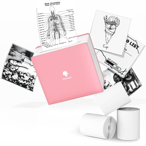 Phomemo Thermodrucker 3 Papierrollen enthalten-Kompakter kabelloser Taschendrucker für unterwegs Empfangsdrucker, kompatibel mit Android iPhone & iPad für Journal Children Daily Plan, Rosa, M02