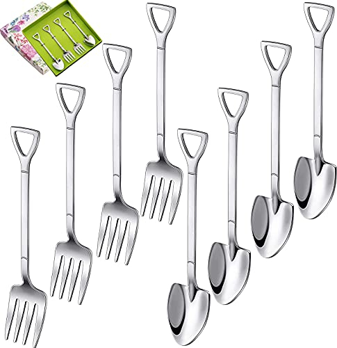 Ancuioyz Set di 8 Forchette da Frutta Piccole e Cucchiaini in Acciaio Inossidabile - Cucchiaio da Gelato e Dessert, Posate a Forma di Pala per Mescolare