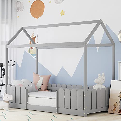 Merax Kinderbett 90x200 cm, Schönes Hausbett mit Rausfallschutz und Lattenrost, Vielseitiges Holz Spielbett mit Zaun, Baumhausbett für Jungen & Mädchen, Grau