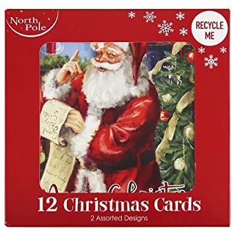 Eurowrap Pack of 12 Assorted Christmas Cards Xmas Traditional Santa, 2 Designs Merry Christmas and Christmas Wishes