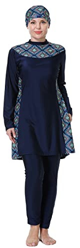 Burkini Mujer Musulmana Largo Tallas Grandes Manga Larga Estampado Camiseta+Bañador Modest, Azul oscuro n.º 4., 4X-Large