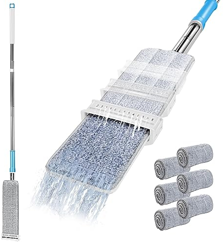 Mocio Lavapavimenti Microfibra,Masthome Mocio Piatta con Strizzatore Integrato,Mop Lavapavimenti Professionale per Pavimenti,Mop Autostrizzante con Testa Girevole a 360°,con 6 Tamponi Riutilizzabile