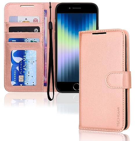 TECHGEAR iPhone SE 2022 5G /2020, iPhone 8/7/6 Leather Wallet Case, Flip Case Cover Card Holder, Stand, Wrist Strap, Rose Gold PU Leather, Magnetic Closure for iPhone SE 3 / SE 2 /iPhone 8 7 6 6s 4.7