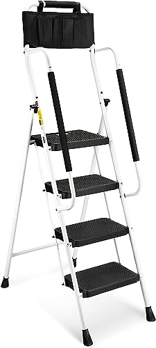 HBTower Escalera 4 Peldaños Plegable con Pasamanos, Escalera con Bolsillos para Herramientas, Asas de Goma en Ambos Lados, Fabricada en Acero, Capacidad de Carga hasta 150kg