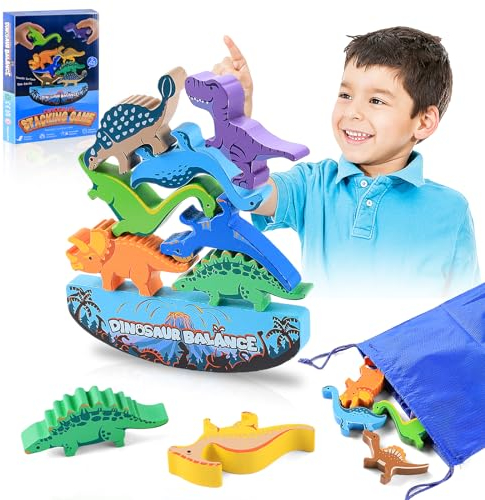 Necdeol Dinosaurier Stapelspielzeug aus Holz, Dinosaurier Balance Spiel, Schaukelstapel Balance Spiel, Balance Game für Kinder und Erwachsene, Bausteine, Intelligenz, Pädagogisches Geschenk