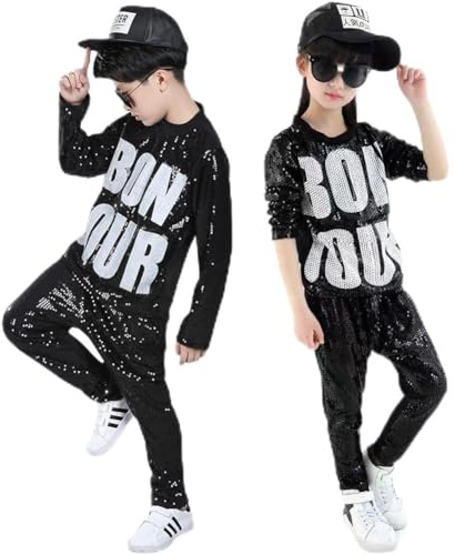 LOLANTA Traje de Hip Hop con Lentejuelas para Niños Trajes de Danza Moderna Jazz Street Dancewear Top Pantalones, Negro, 10-11 años, 150
