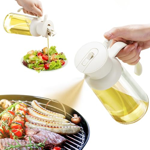 YARRAMATE Dosatore da cucina per oliera spray con misurazioni, nebulizzatore spruzzatore per olio alimentare 2 in 1, da 550 ml in vetro spruzzino per friggitrice ad aria (Bianco)