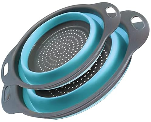 Katmerio Juego de Colador Plegable - 2 Piezas de Cocina de Silicona para Pasta, Frutas y Verduras (Azul)
