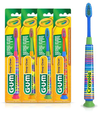 GUM Crayola Deep Clean Children’s Toothbrush, Extra Soft Toothbrush for Kids, Suction Cup Base, Ages 4+, 1 Count(Pack of 4)