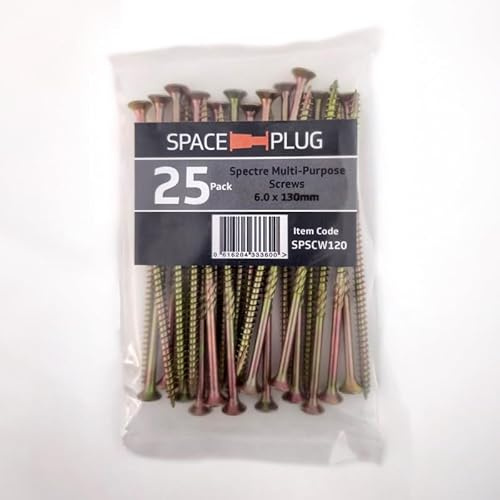 Space-Plug Spectre 6mm x 130mm CSK Multipurpose Countersunk Screw (25 Pack) For Joinery, Repairs, Wood And Fittings