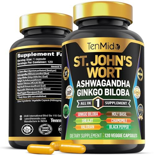 Tenmido St.John's Wort Supplement - 8in1 Formula - Combine with Ashwagandha, Ginkgo Biloba, Shilajit, Valerian, Holy Basil, Chamomile, and Black Pepper - 120 Vegan Capsules for 4 Months Supply