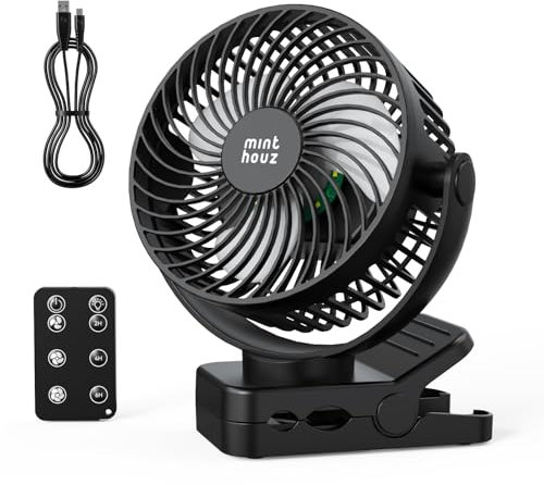Minthouz 12000mAh Portable USB Fan, Rechargeable Clip On Fan with Remote, 45H Battery Life, Quiet Operation, 3 Speeds & Lights, 360° Rotation, Timer, for Desk/Camping/Stroller
