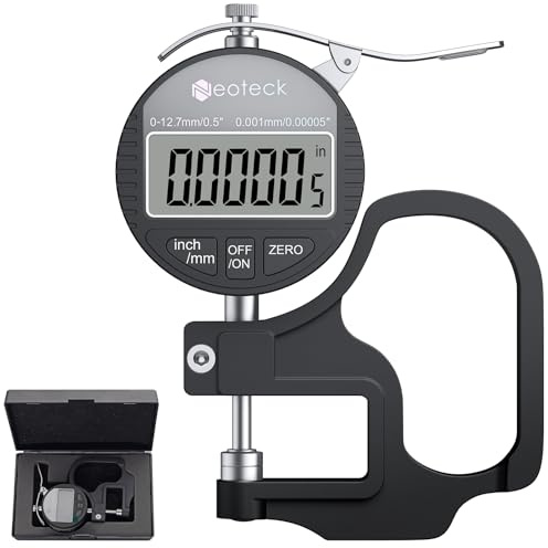Neoteck Medidor de Espesor Digital 0-12.7mm Medidor de Grosor 0.001/0.00005'' Calibrador de Grosor Portátil con Conversión de Pulgadas/Métrica y Apagado Automático para Cuero Papel Telas Cable-Negro