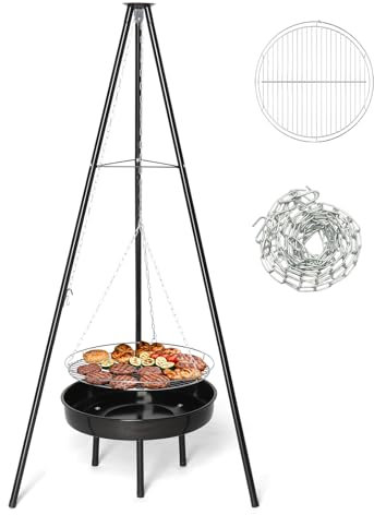 Bonnlo Campfire Tripod Grill - Portable Fire Pit BBQ with Fire Bowl - for Outdoor Camping BBQ, Black