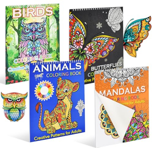 VGECEE 4PCS Livre de Coloriage Mandala pour Adultes, 60 Motifs, Animaux Mandalas Oiseaux Papillons, Reliure Spirale, Livre de Coloriage Anti-stress pour Femmes Livres de Coloriages Adulte Anti-Stress