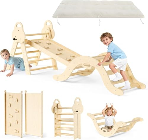 Krovtoy 7-in-1 Montessori Indoor Play Set, Indoor Climbing Triangle, Climbing Arch with Cushions, and Slide for Children for 1-3 Years (3-piece set - includes foam cushion - natural wood finish)