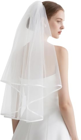 KASLCWA Velo Corto de Novia de 2 Niveles, Velo de Novia de Tul con Peine, Velos Corto para Mujer para Boda Despedida de Soltera y Actuaciones, Blanco